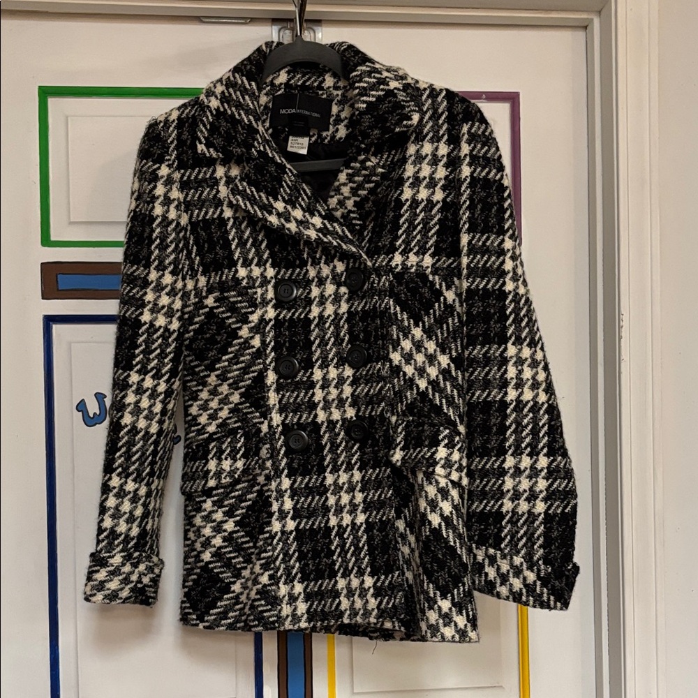 Moda International Black and White Checkered Peacoat